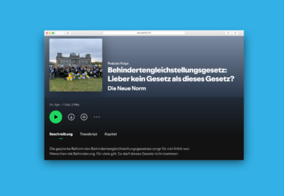 Screenshot der 74. Folge des Podcasts Die Neue Norm zur Reform des Behindertengleichstellungsgesetzes bei Spotify