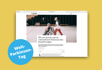 Gelb hinterlegter Screenshot des Artikels auf der Capital-Website, auf der ein Bild der beiden Männer zu sehen ist, um die es im Artikel geht. Unten links am Bildrand des Screenshots steht ein runder blauer Kreis, in dem „Welt-Parkinson-Tag“ steht.