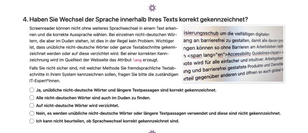 Screenshot einer Beispiel-Frage aus dem Fragebogen „Check-Artikel“
