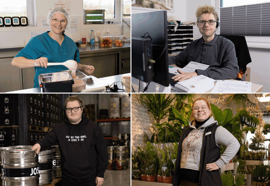 Collage aus vier Fotos von Johanna Schielke, Nico Ackermann, Nico Wichmann und Denise Urban an ihren Arbeitsplätzen