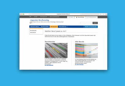 Screenshot der Website der DGUV mit Berufswahlhilfe, Suchfunktion und weiteren Bereichen
