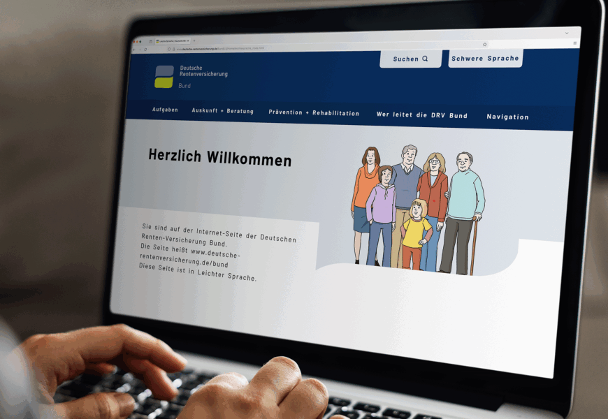 Website der Deutschen Rentenversicherung in Leichter Sprache, mit Begrüßungstext und einer Illustration mehrerer Personen.