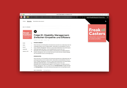 Rot hinterlegtes Bildschirmfoto der Freakcasters-Website